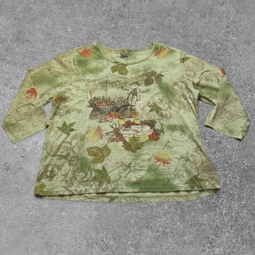 Basic Editions Womens XL Green Fall Harvest Scarecrow 3/4 Sleeve Shirt Top